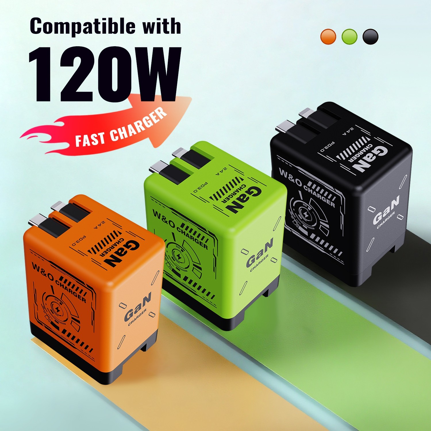 W&O GaN Charger Compatible 120W Fast Charger with Retractable Type-C and Cable