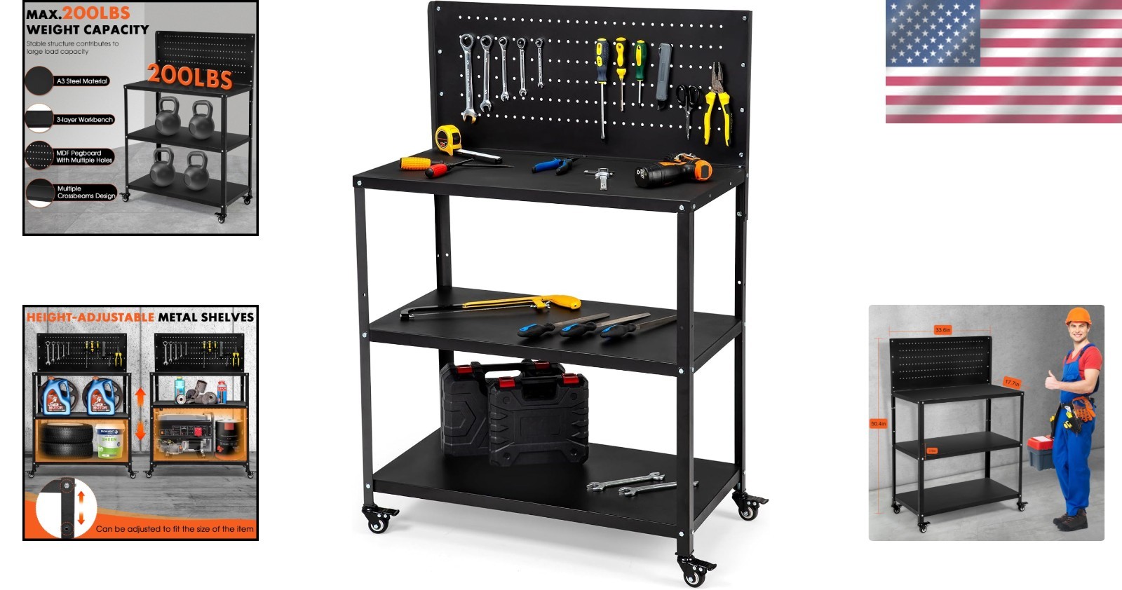 50.4” Heavy-Duty Workbench with Pegboard & Lockable Wheels – 600 lbs Capacity