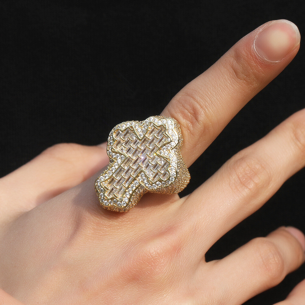 Hip Hop T Zircon Cross Ring Cool Men Finger Ring Jewelry 18K Real Gold Plated