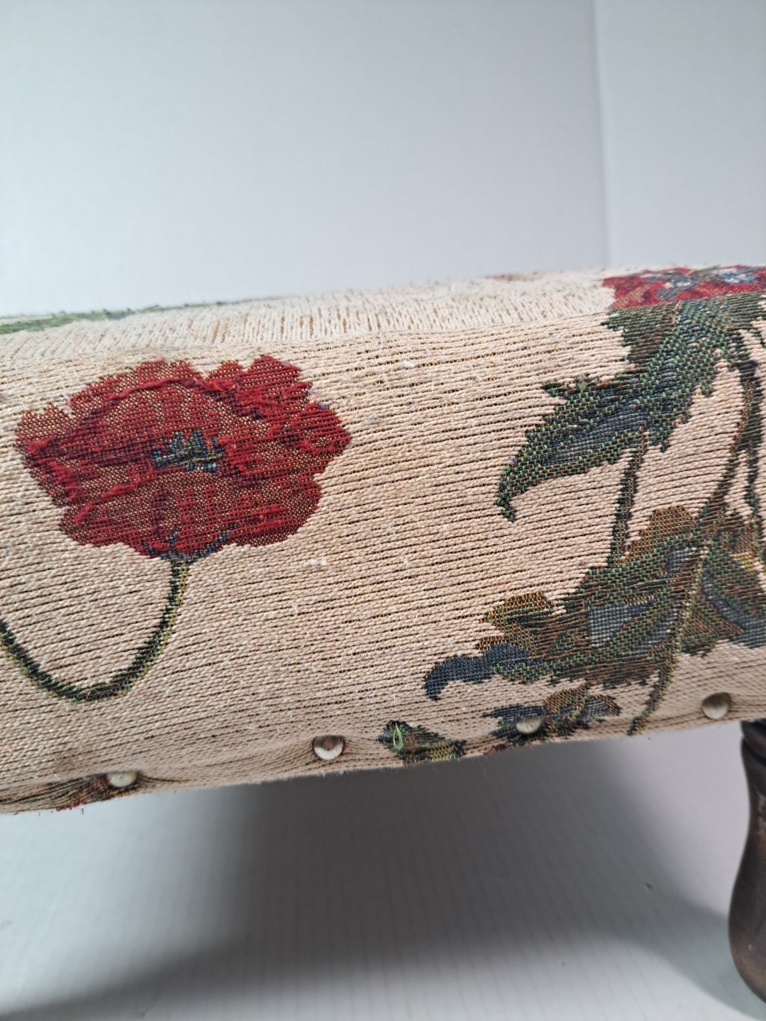 Tapestry Covered Footstool Red Poppy Floral Pattern & Wooden Legs