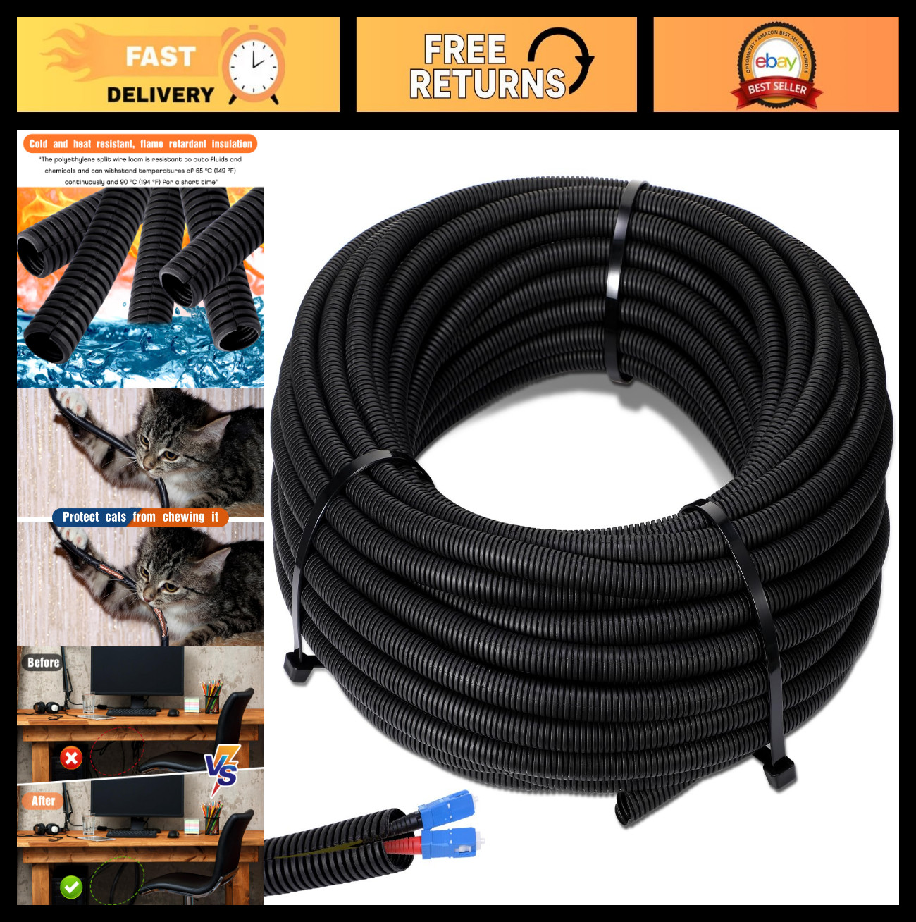 1/4" x 500ft Split Wire Loom Tubing - Flexible Electrical Conduit Protector Slee