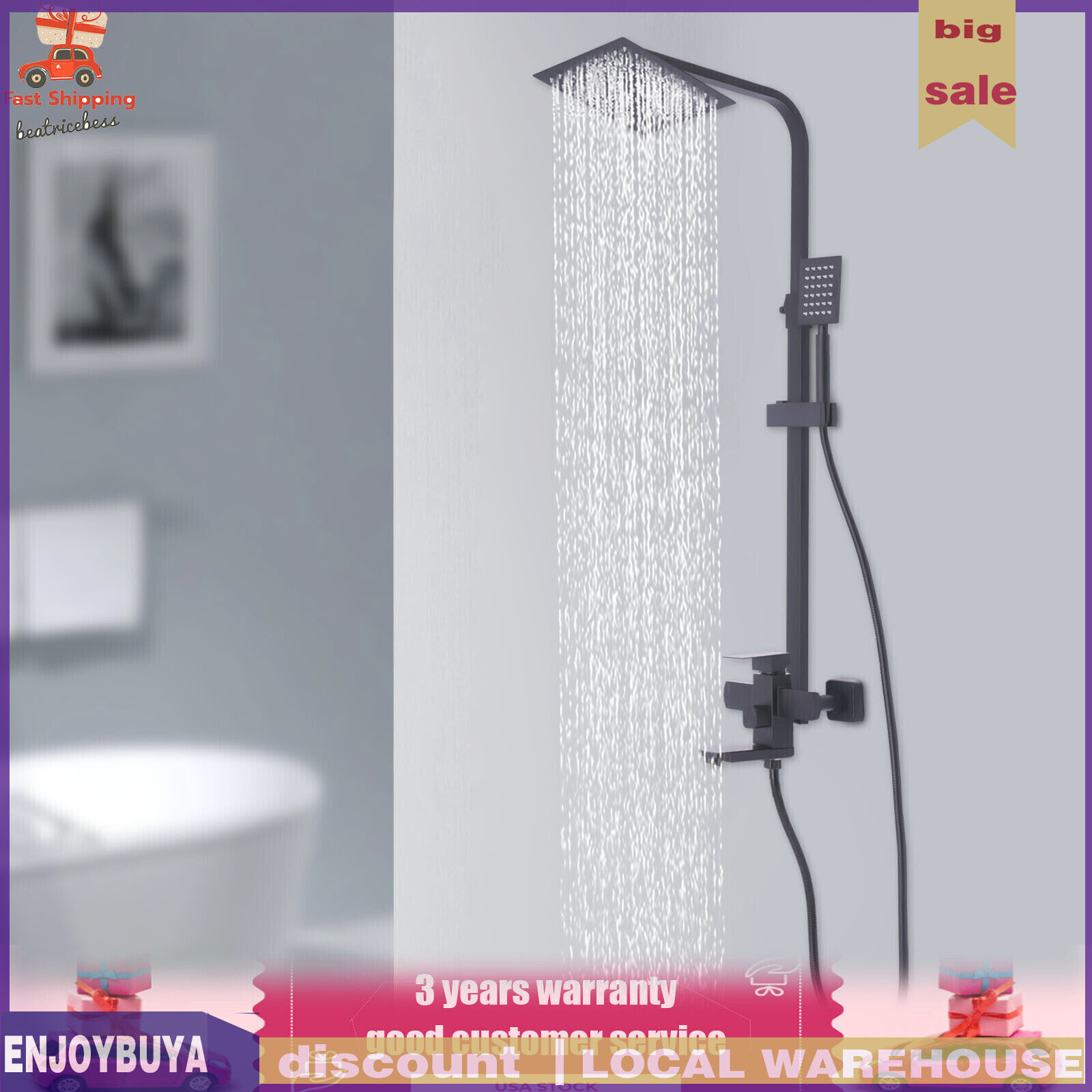 Shower Faucet Set System Rainfall Shower Head Handle Combo Kit Wall Mount Black