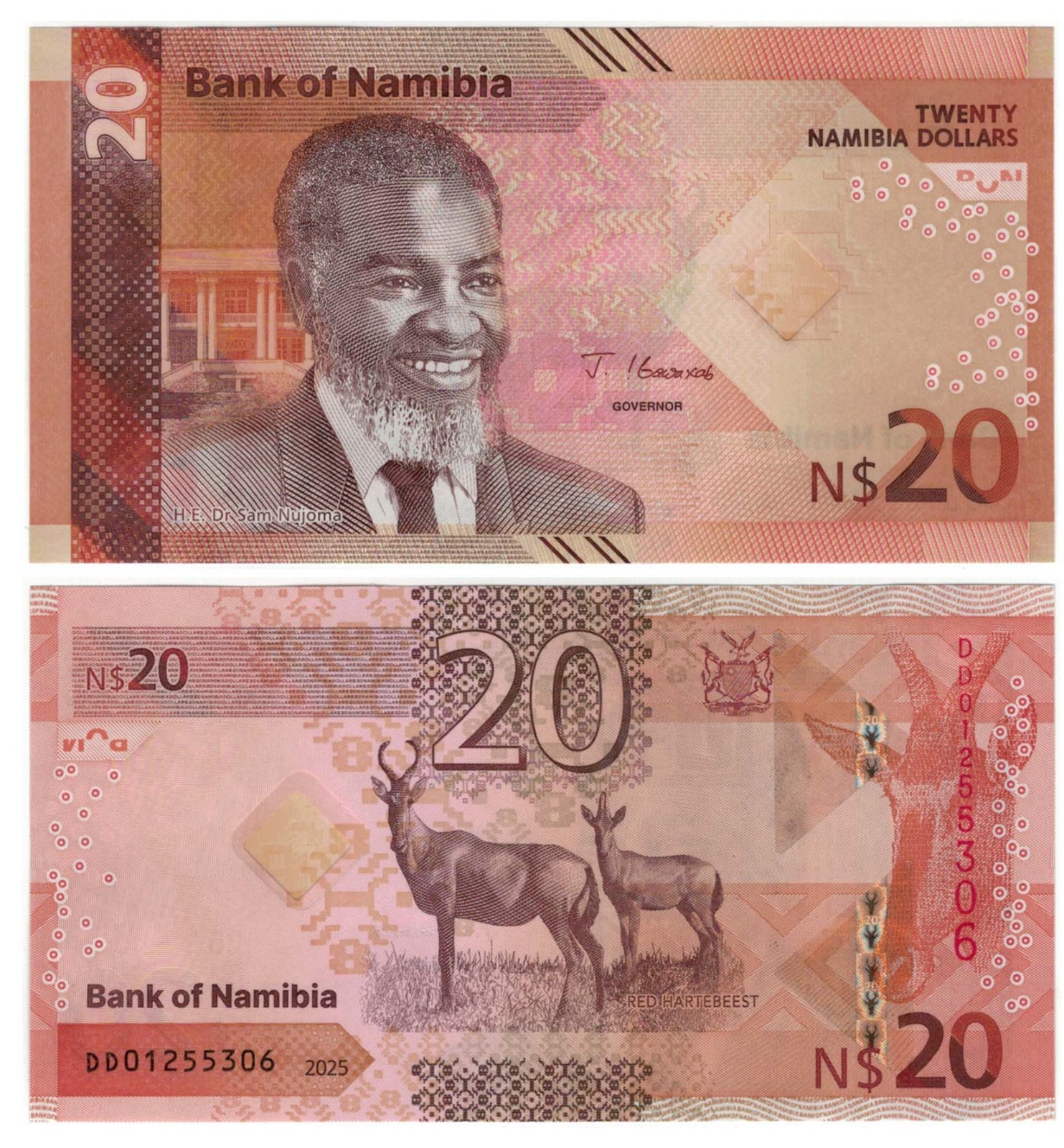 Namibia 20 Dollars (2025) -Red Hartebeest, p-21, B221a New Series UNC
