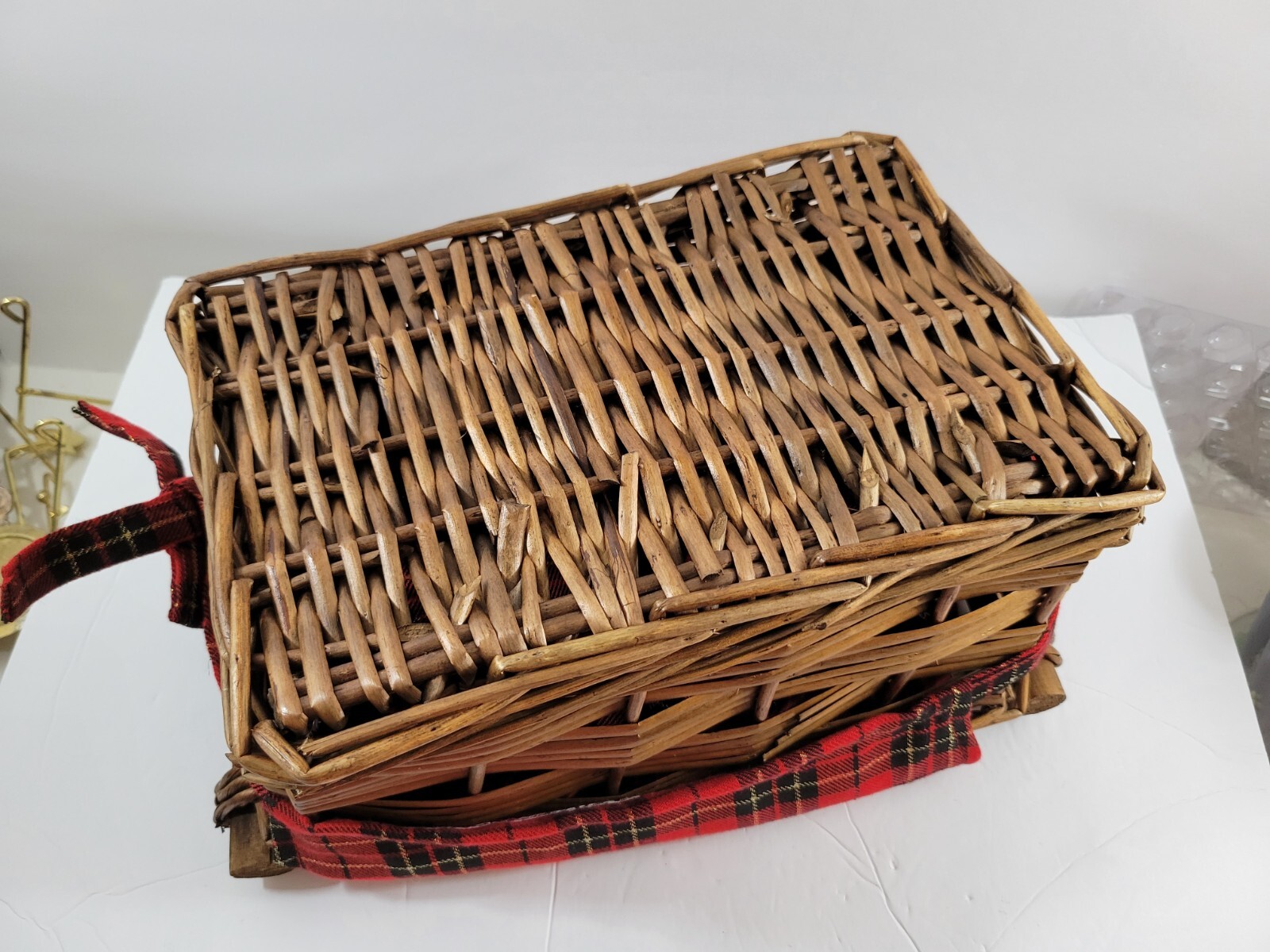 Wicker Basket Red Plaid Liner Rectangle Handles