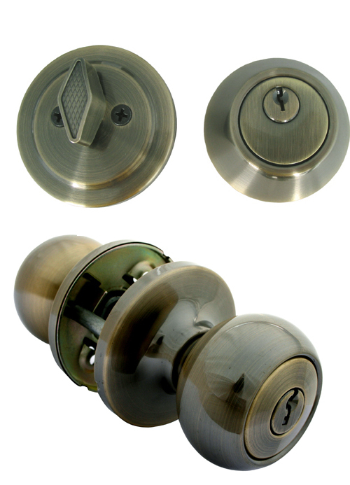 Entry Entrance Antique Brass Door Round Knob with Single Cylinder Deadbolt Locks
