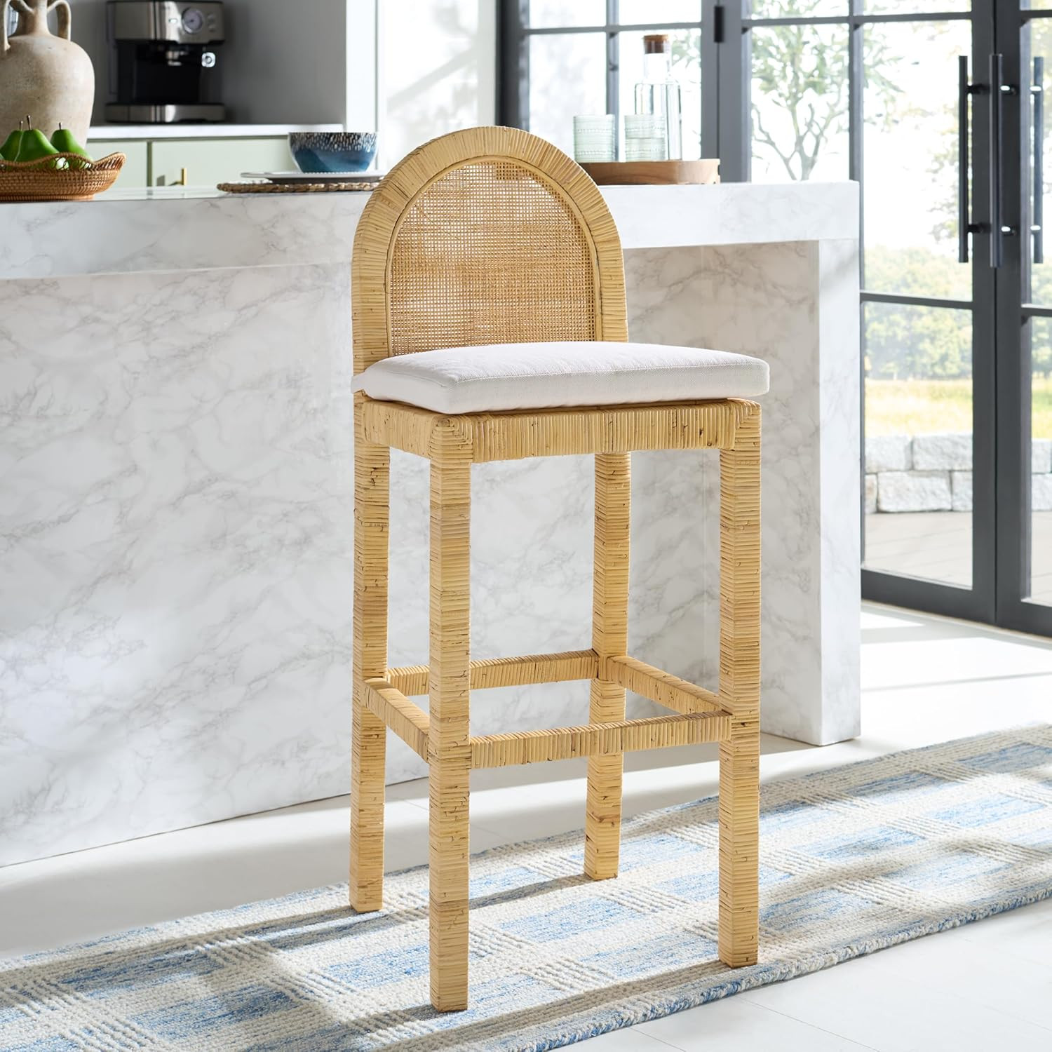 Tojo 30-Inch Natural Rattan Bar Stool with White Cushion, Fully Assembled