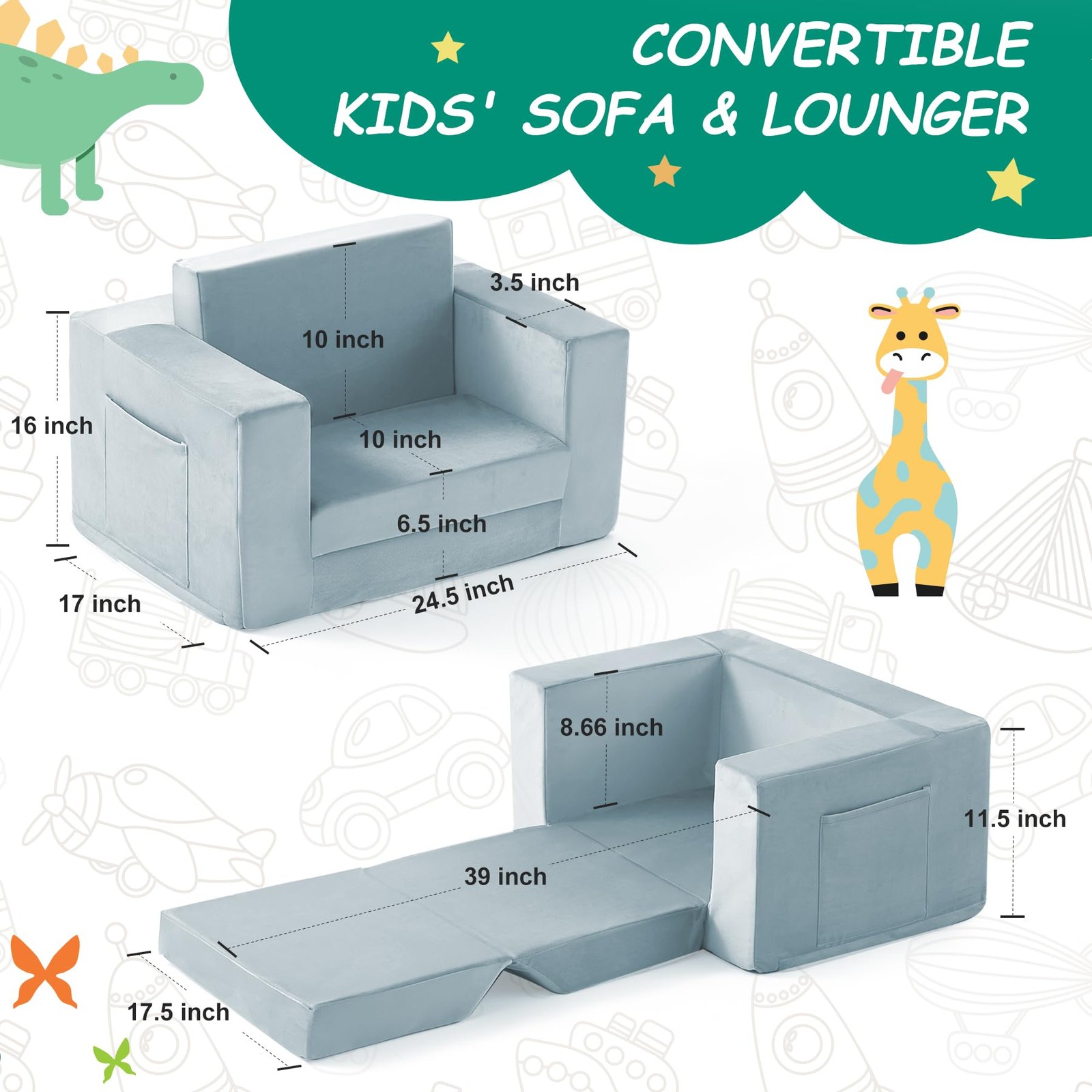 Kids Couch, 2-in-1 Toddler Chair Comfy 1-3 Years, Convertible Kids Chair, Tod...