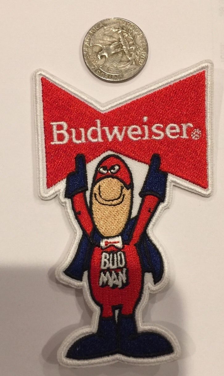 BUDWEISER " BUD MAN " EMBROIDERED IRON ON PATCH 4 X 2.5" NICE