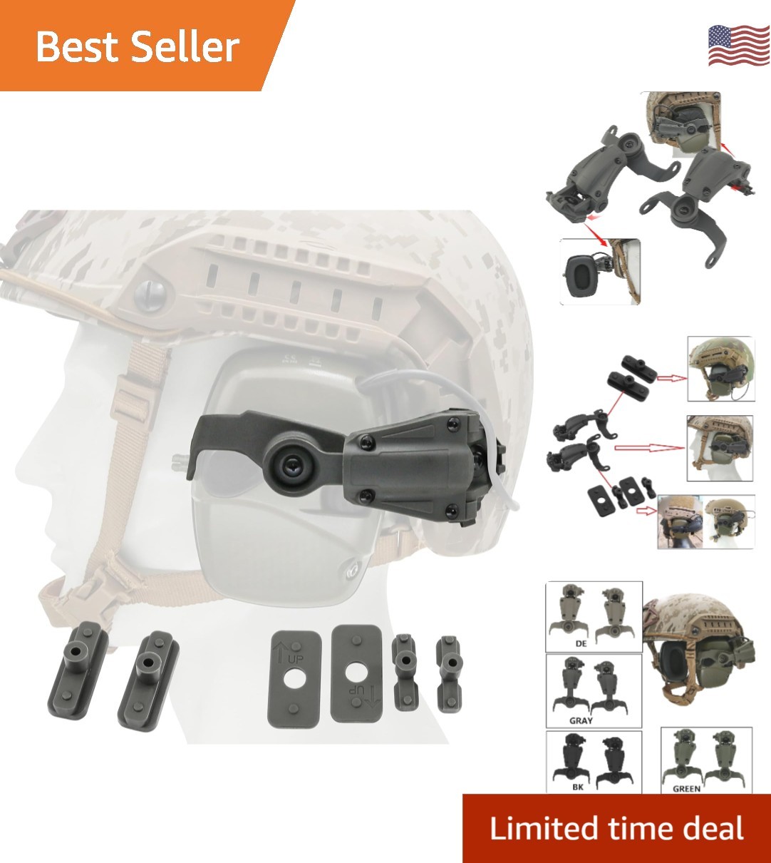 Tactical Helmet ARC Adapter - Foldable Headset Mount for Howard Leight Earmuffs