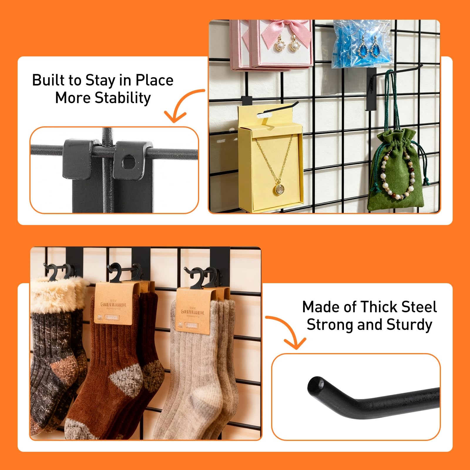 60 PCS 6 Inch Metal Grid Wall Display Hooks Retail Accessories Peg Hook Black