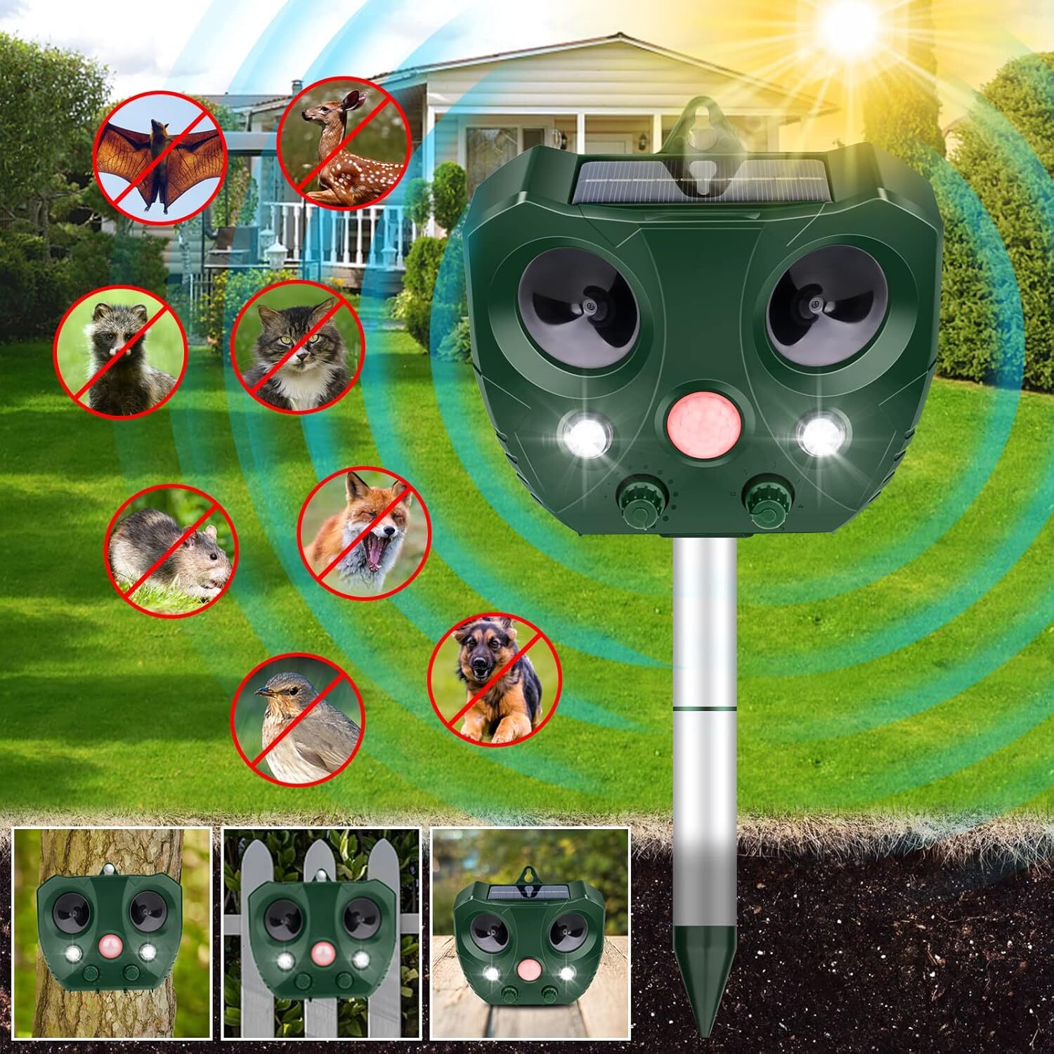 Upgraded Solar Ultrasonic Animal Repellent Dog Cat Skunk Deer Raccoon For Garden