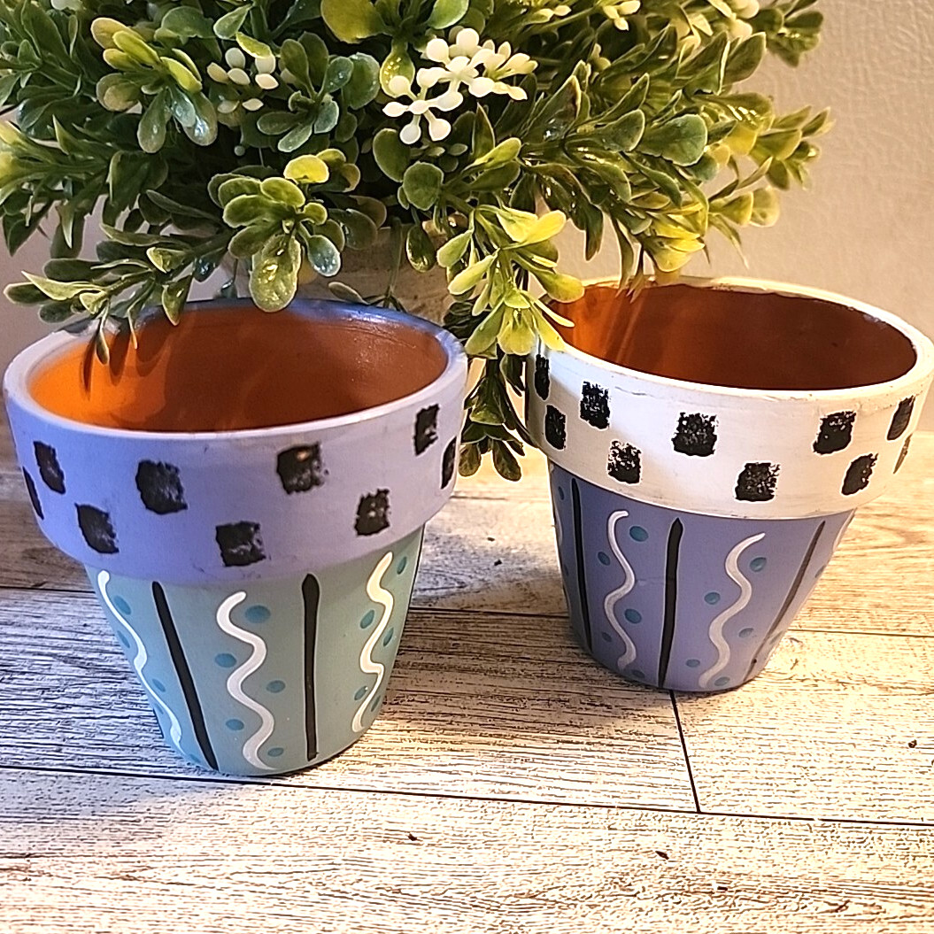 2 Small Hand Painted Planters Flower Pots Purple Aqua Check