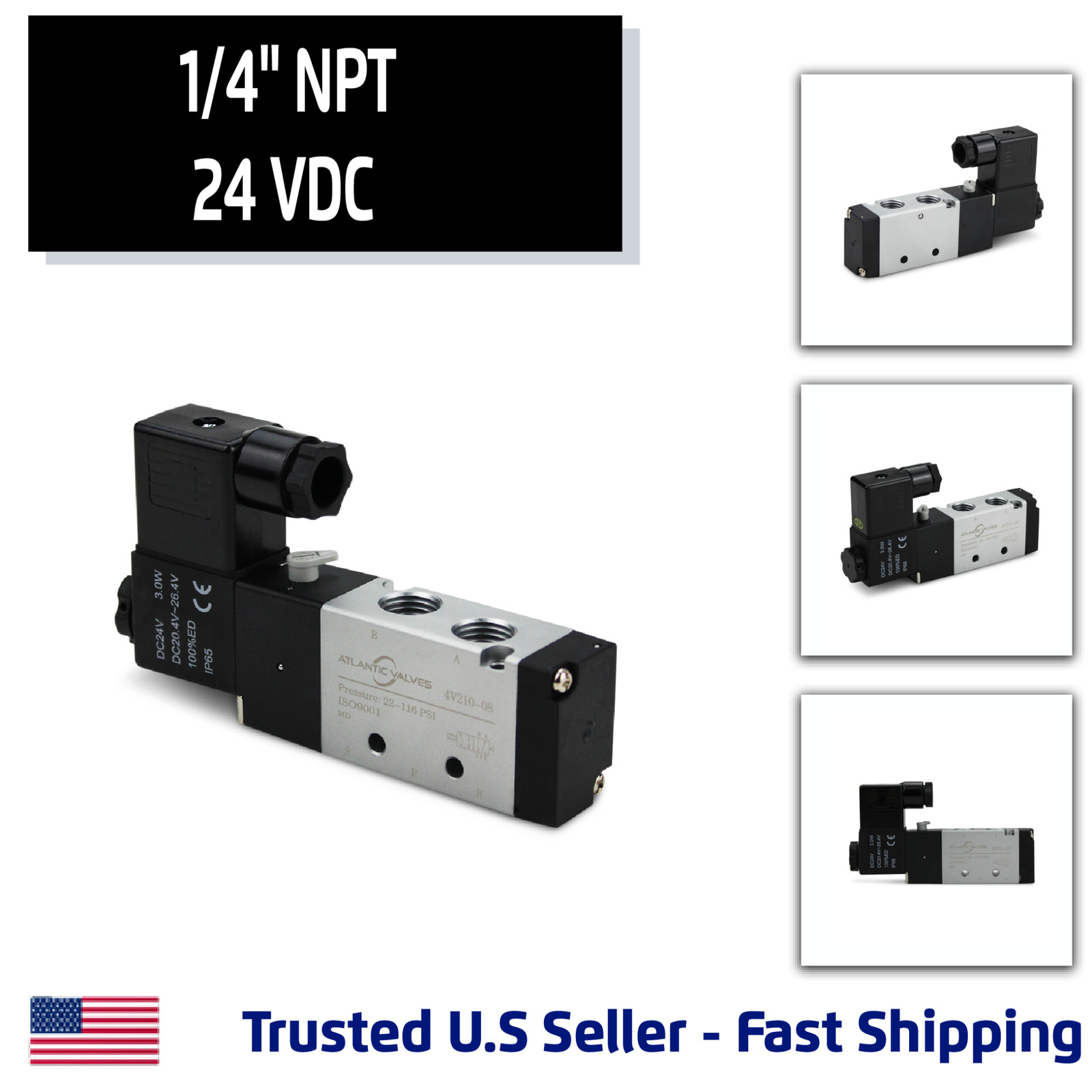 1/4'' 5 Port, 2 Position Pneumatic Solenoid Valve, 24V DC Coil, Air Return