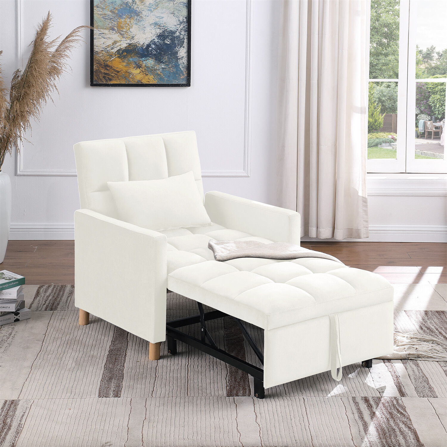 Convertible Sofa Bed Chair 3-in-1 Multi-Functional Folding Sofa Beige New