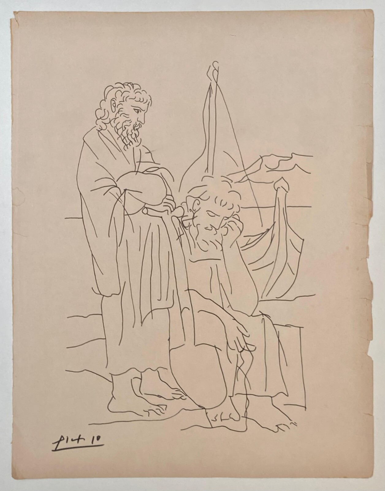 Pablo Picasso (Handmade) Drawing On Paper Signed & Stamped Mixed Media, Vtg Art