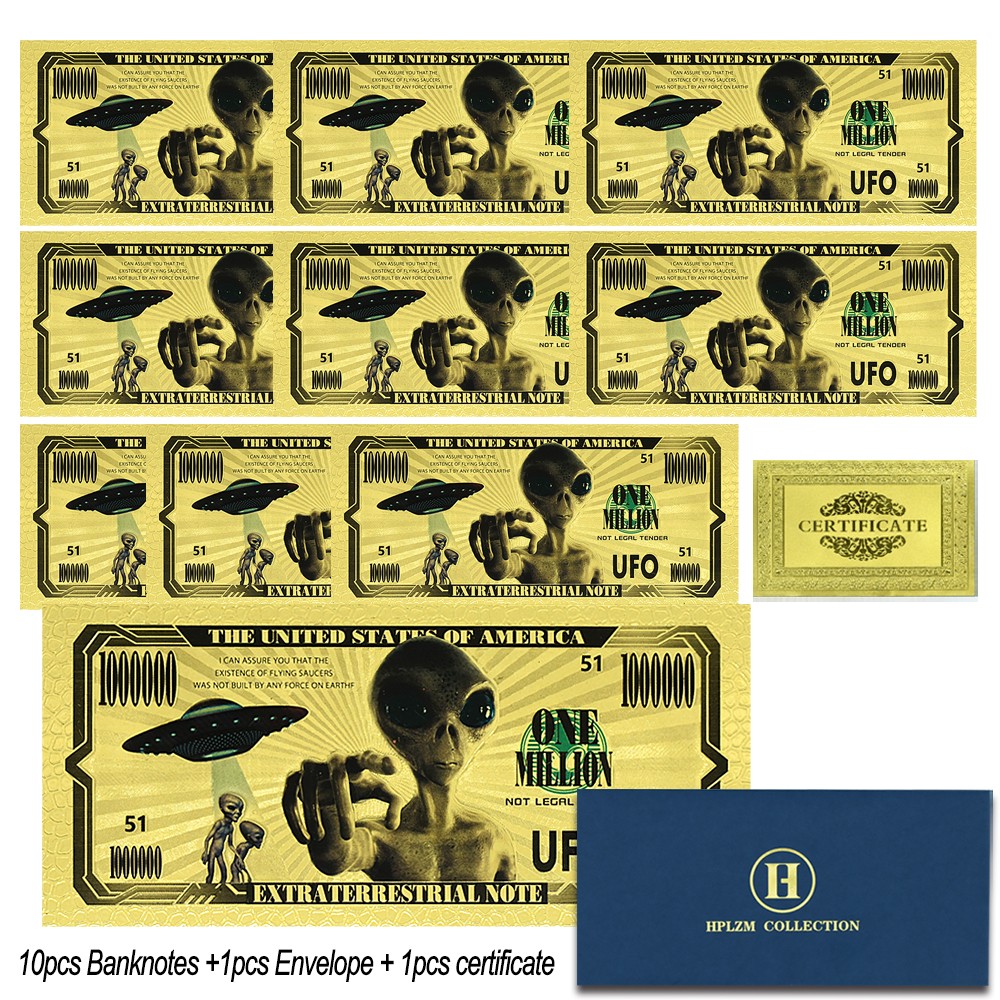 10pcs/set Gold Foil Banknote - Alien UFO Million Dollar Bill, Collectible