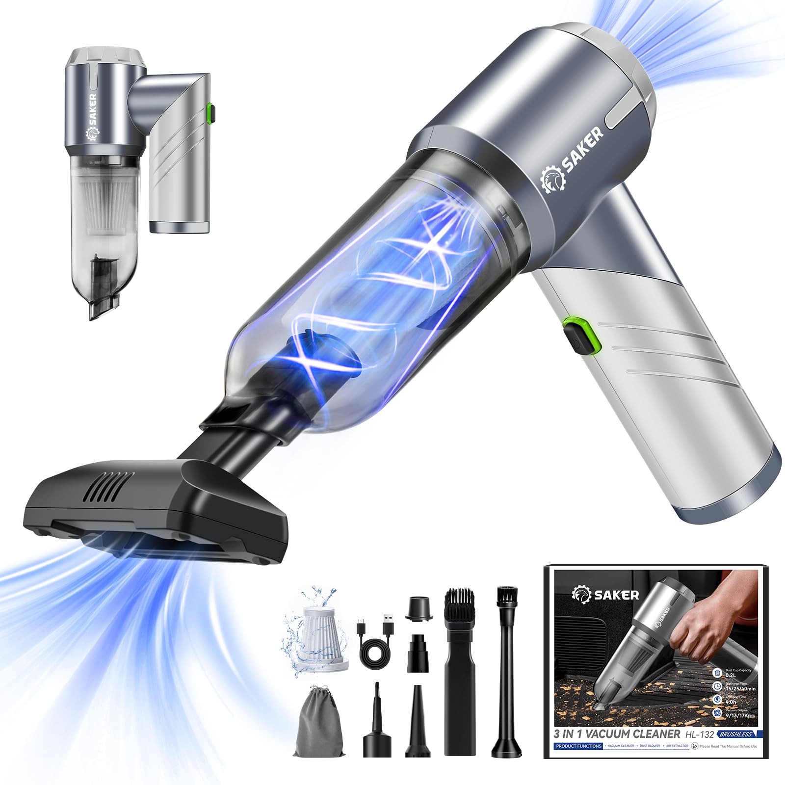 Saker Car Vacuum Cleaner 17000PA Foldable Mini Handheld Vacuums Silver