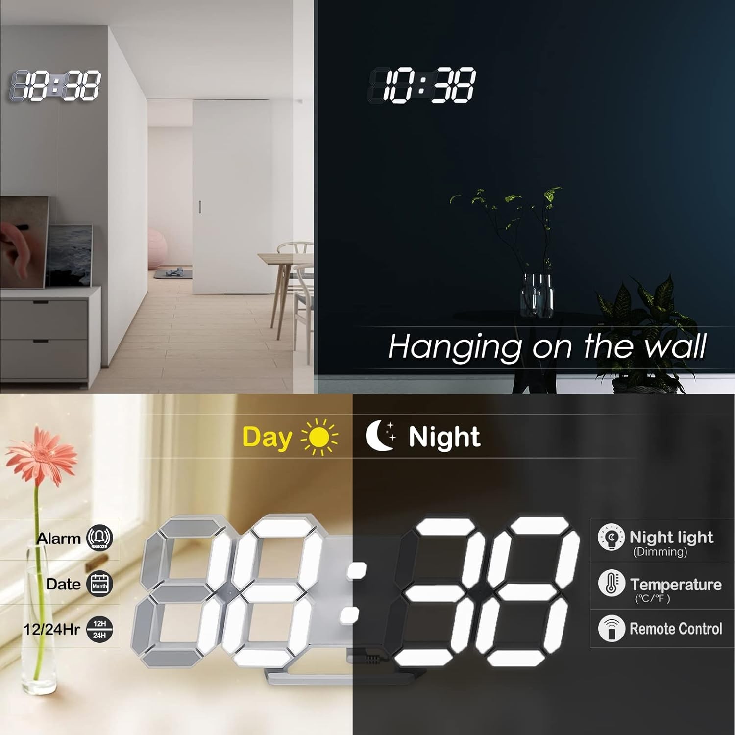 3D LED Digital Wall Clock ,9.7", Large Display Table/ Desk Clock with Remote