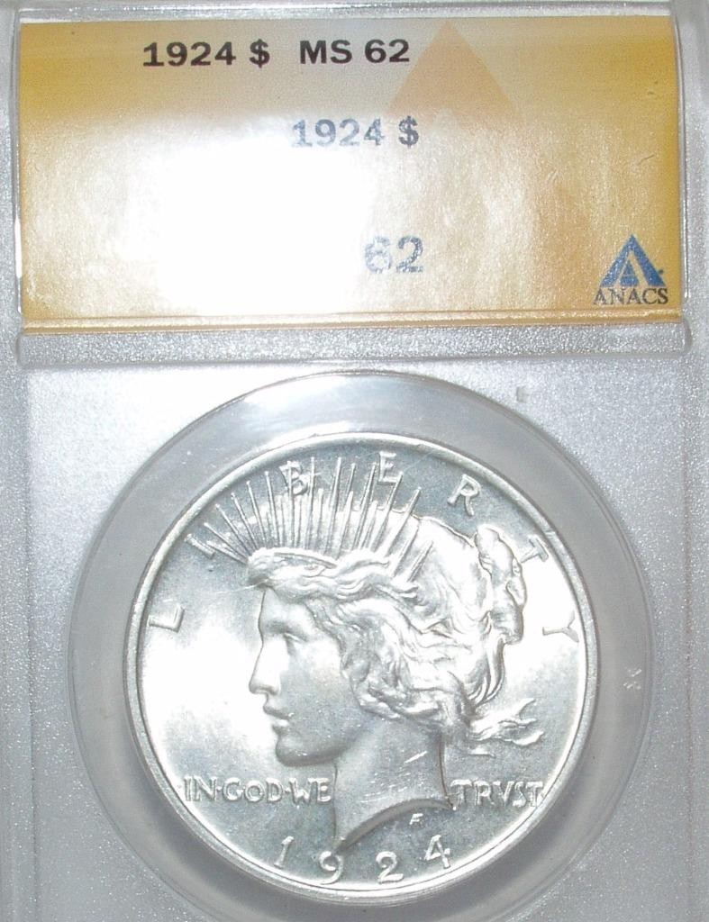 1924 MS- 62  ANACS GRADED PEACE DOLLAR. FLASHY COIN  90% SILVER