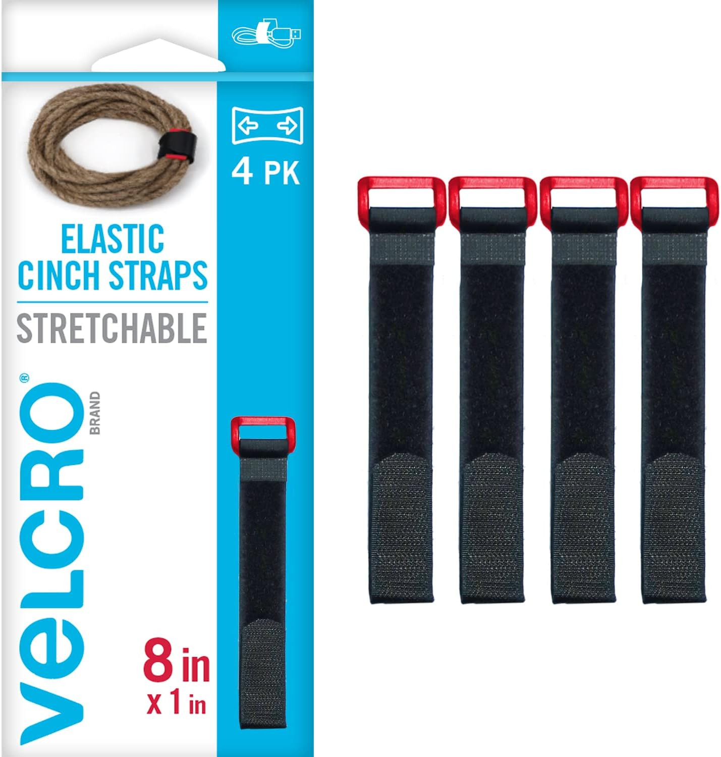 VEL-30791-AMS Elastic Cinch Straps with Buckle | 8In X 1In, Pk of 4 | Fully Adju