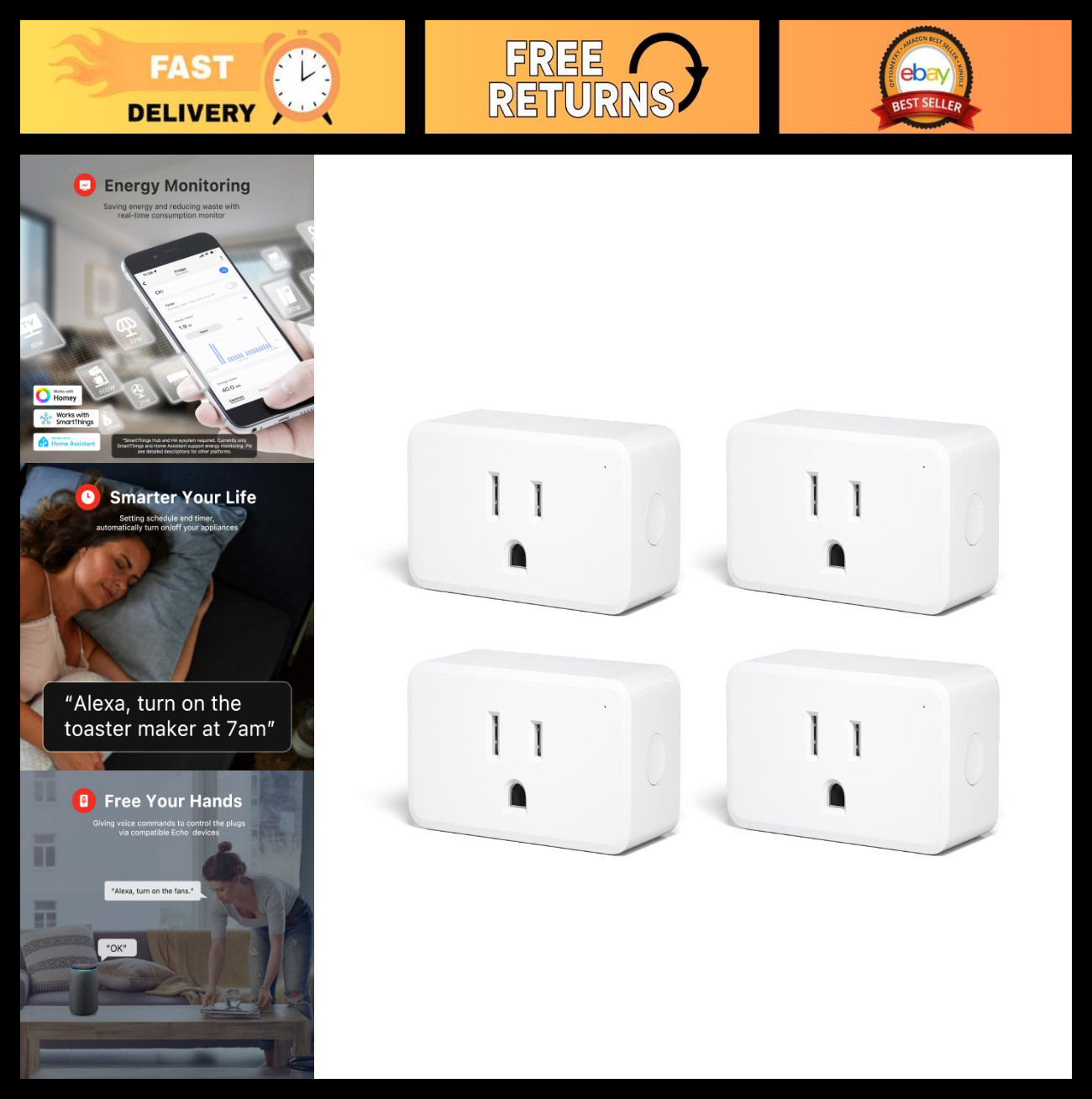 ZigBee Smart Plug 4 Pack - Energy Monitoring, 15A Outlet, Zigbee Repeater, ETL C