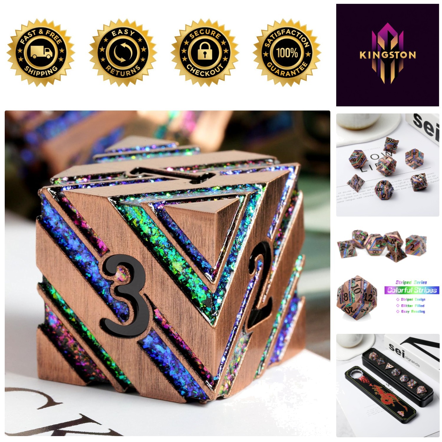 Complete 7-Piece DND Dice Set with Sparkling Stripe Design - Metal Case Included