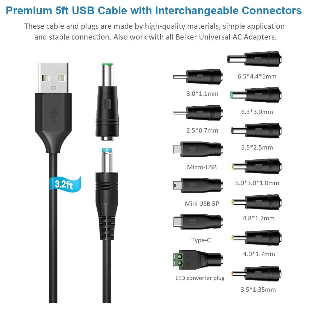 5V Universal DC Power Cable USB to DC Charging Cord 5.5x2.1mm with 13Pcs Adapter