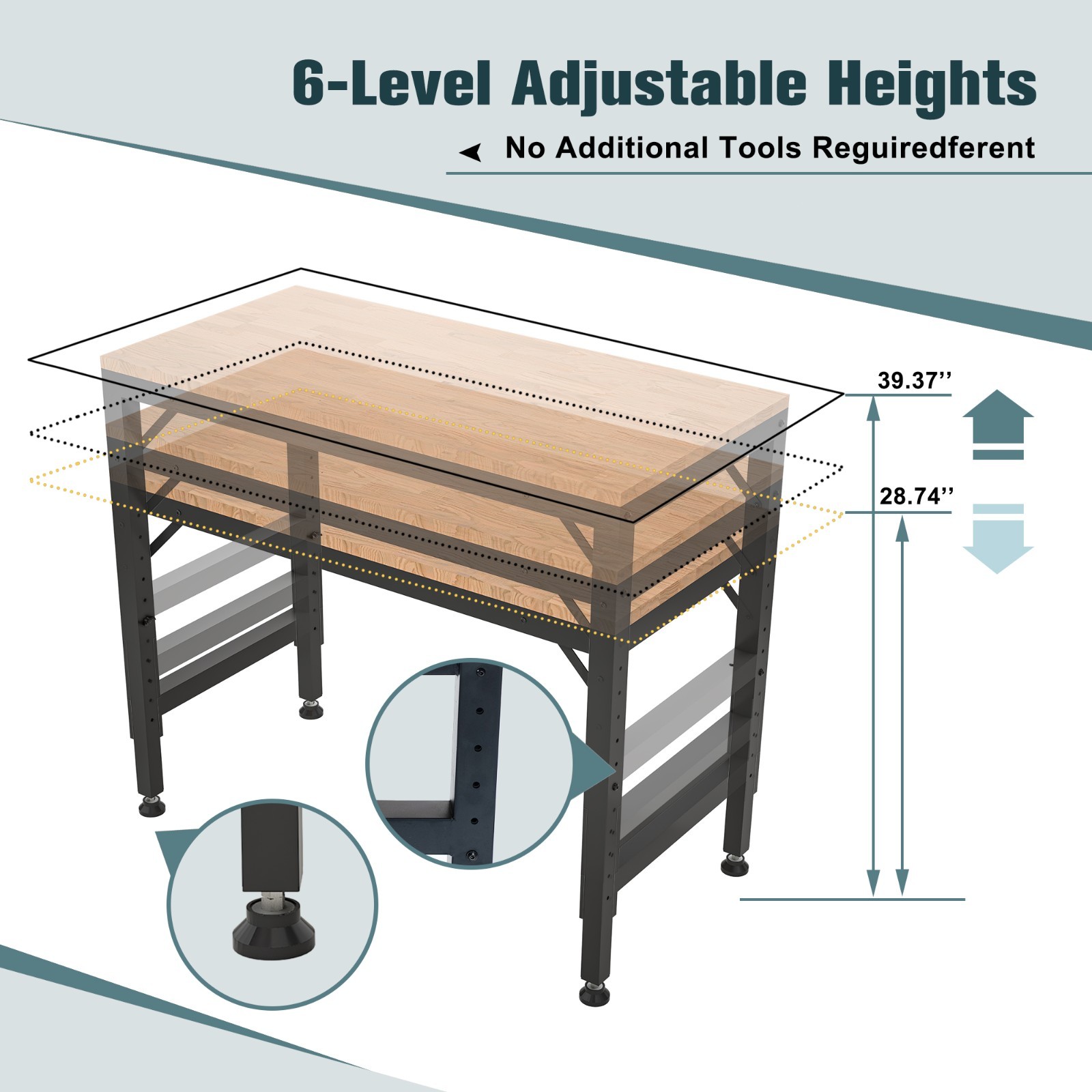 48" Heavy-Duty Adjustable Workbench 2000 lbs. Load Capacity Hardwood Workstation