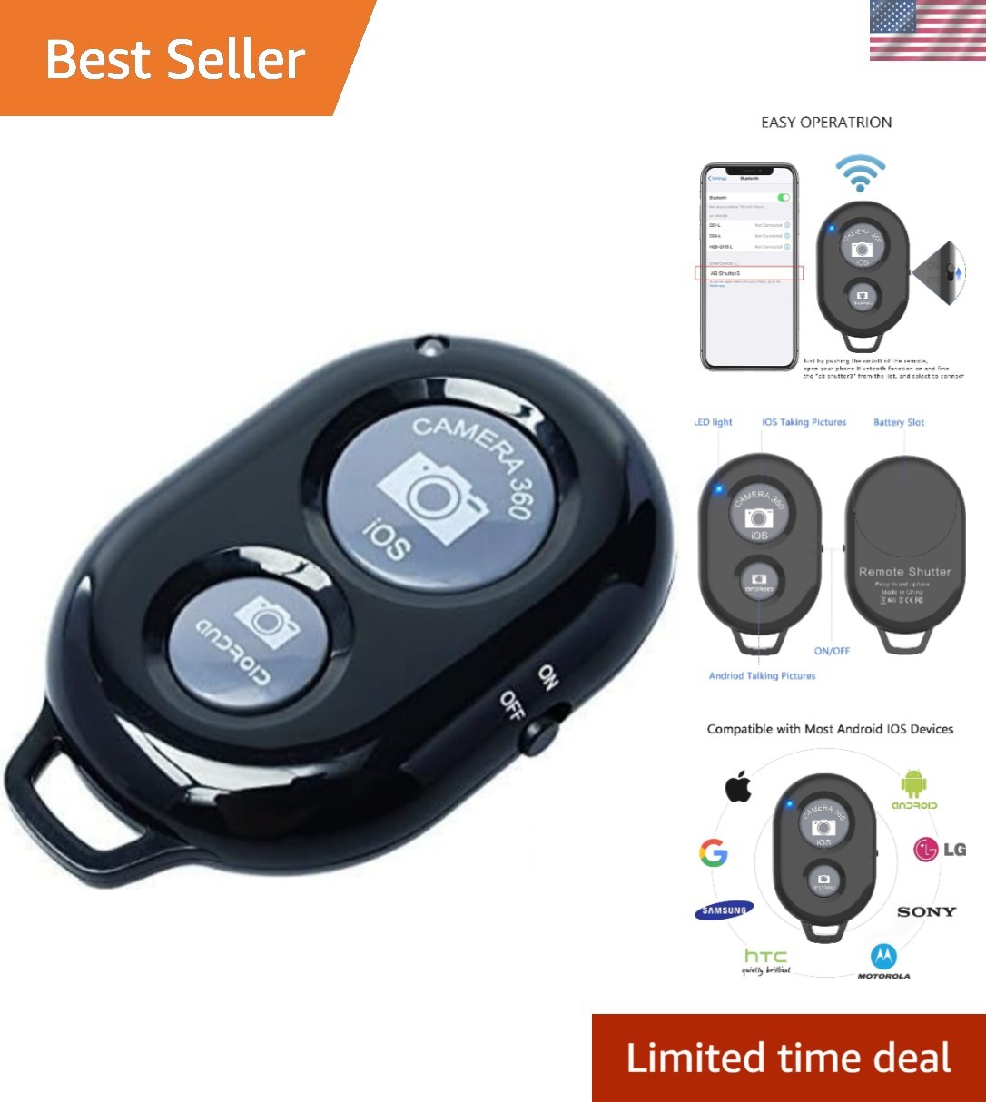 Wireless Remote Control Shutter Buttons for Smartphone, 1, Black, Round with ...