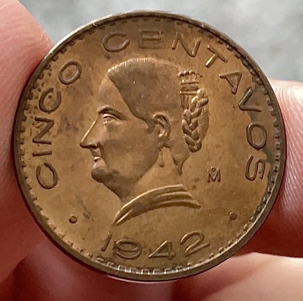 1942 México 5 Centavos Josefa Ortiz de Domínguez.  Key Date.