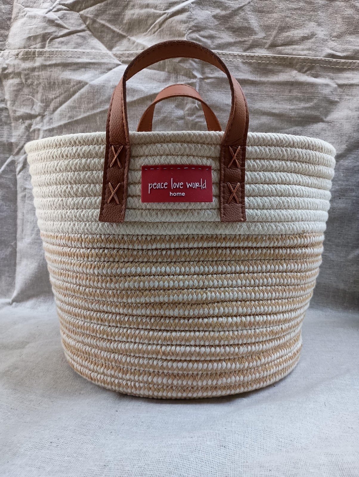 Round Woven Fabric Basket with Leather Handles