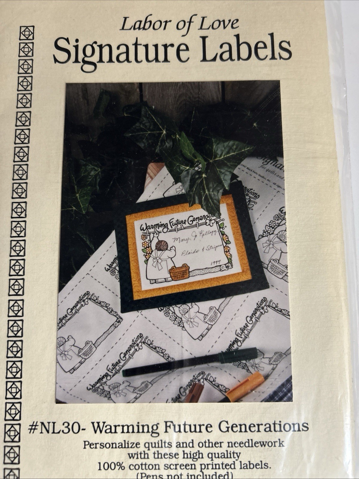 "WARMING FUTURE GENERATIONS" COTTON SILK SCREEN LABELS FOR QUILTS, 8 LABELS