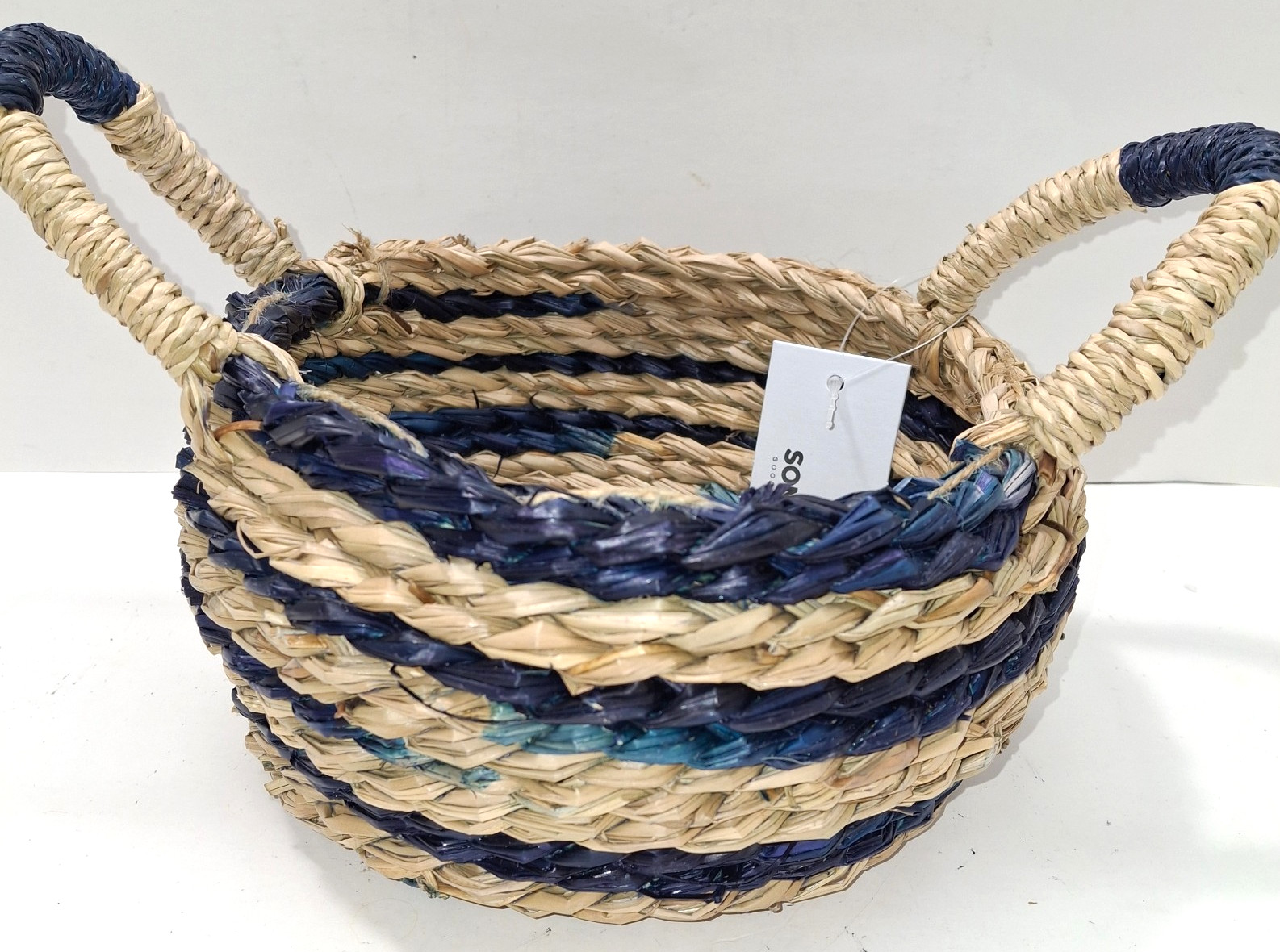 Sanoma Handwoven Straw Basket with Blue Accents