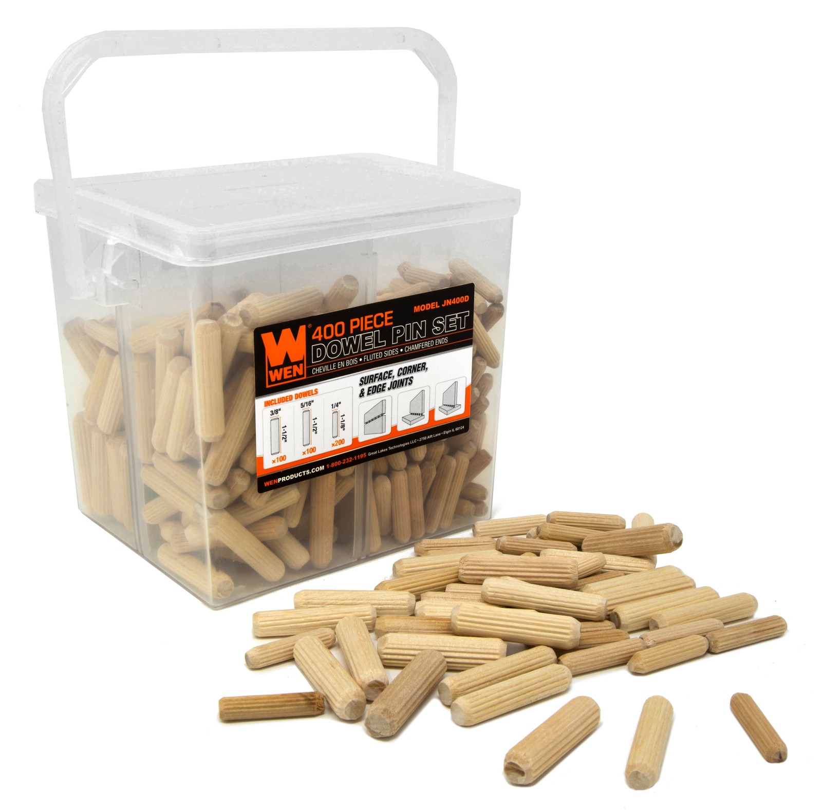 1/4 5/16 and 3/8In Birch Wood Fluted Dowel Pin 400 Piece