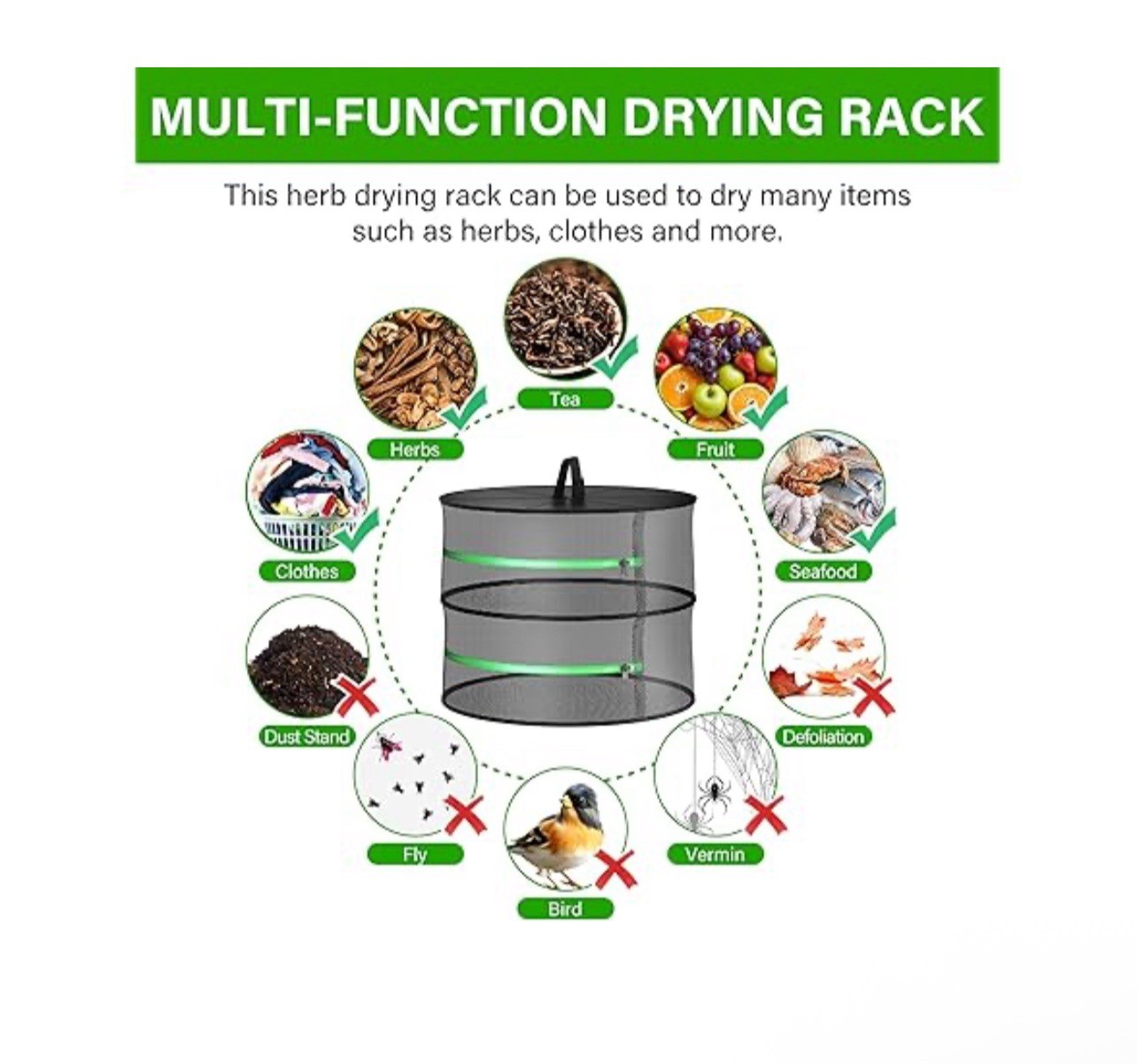 Herb Drying Rack Hanging 2 Layer 24'' with Zipper and Hook, Dry Mesh Folding