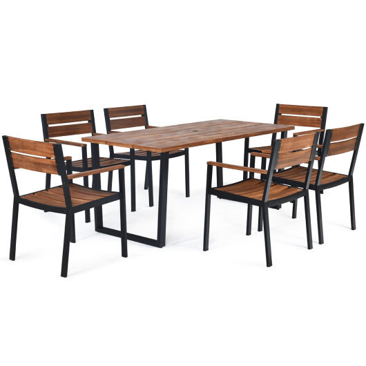 Patented 7 Pieces Patented Outdoor Patio Dining Table Set with Hole - Color: Nat