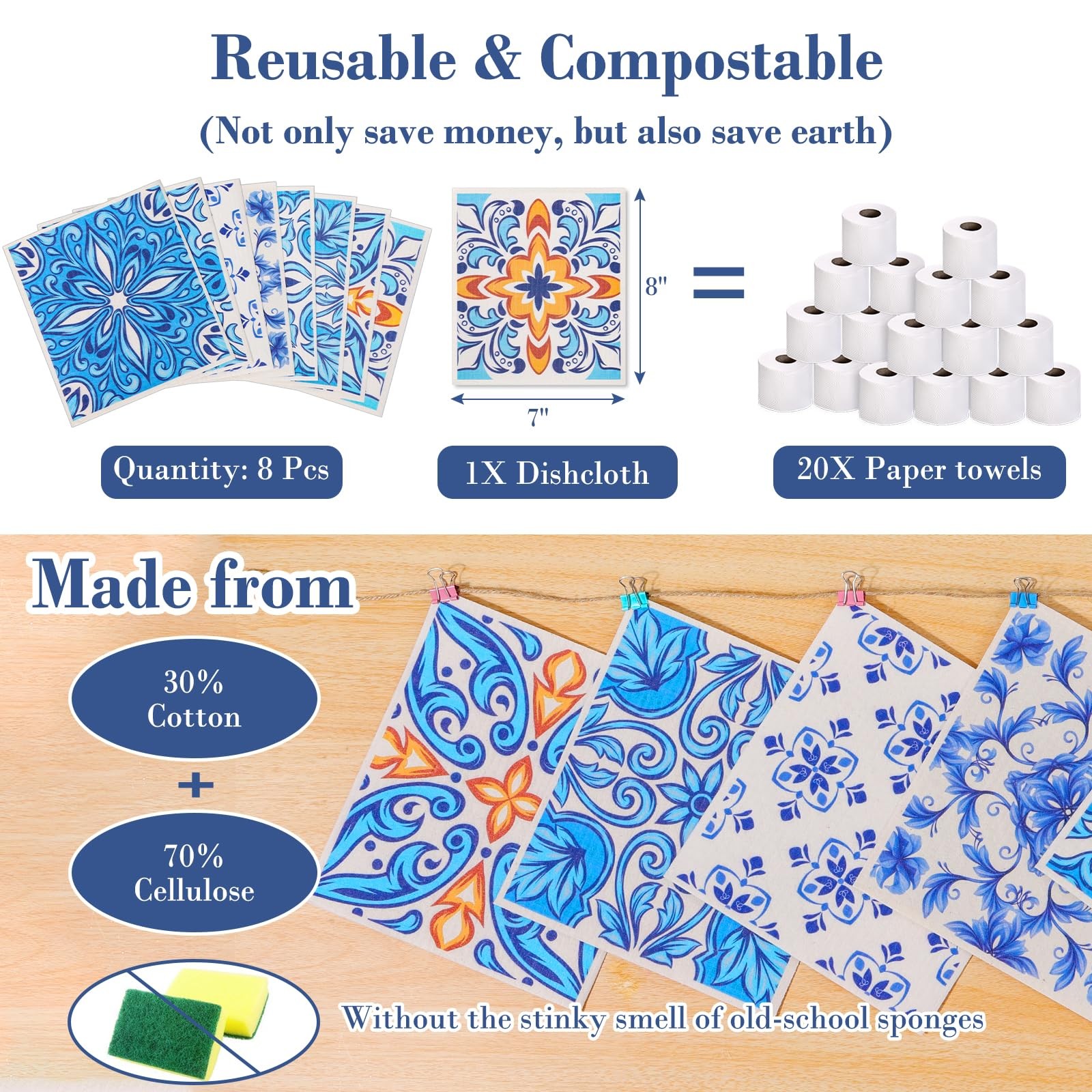 Swedish Dish Cloths 8 Pack Reusable Cellulose Geometric Pattern Lucomb Kitchen