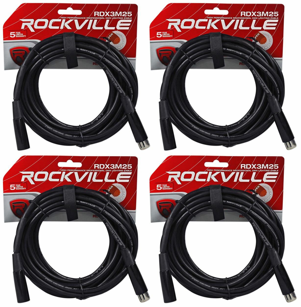 (4) Rockville RDX3M25 25 Foot 3 Pin DMX Lighting Cables 100% OFC Female to Male