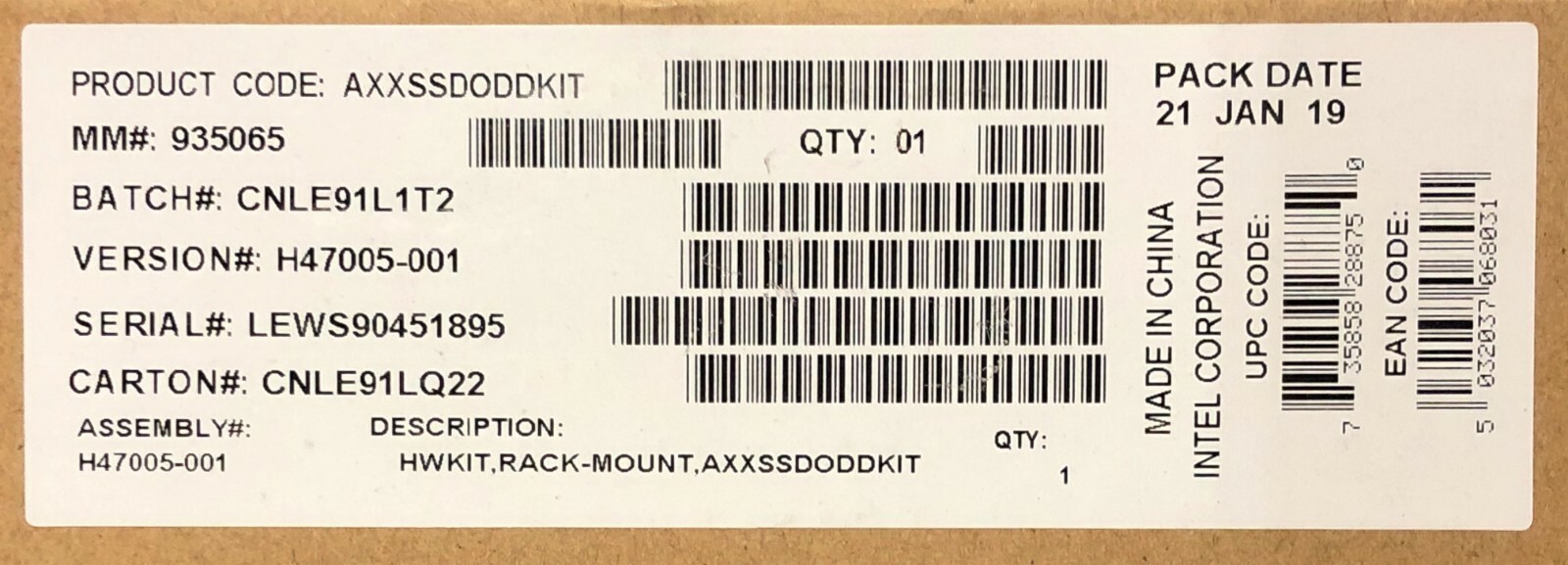 Intel AXXSSDODDKIT ODD Bay Bracket Kit for Single SSD Support NEW