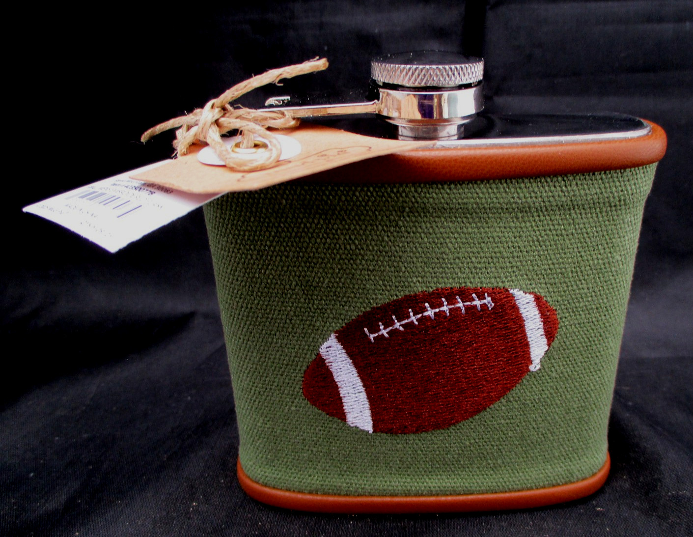 Mud Pie 6 oz FOOTBALL Flask Stainless Steel Embroidered Cover 4" NWT Gift