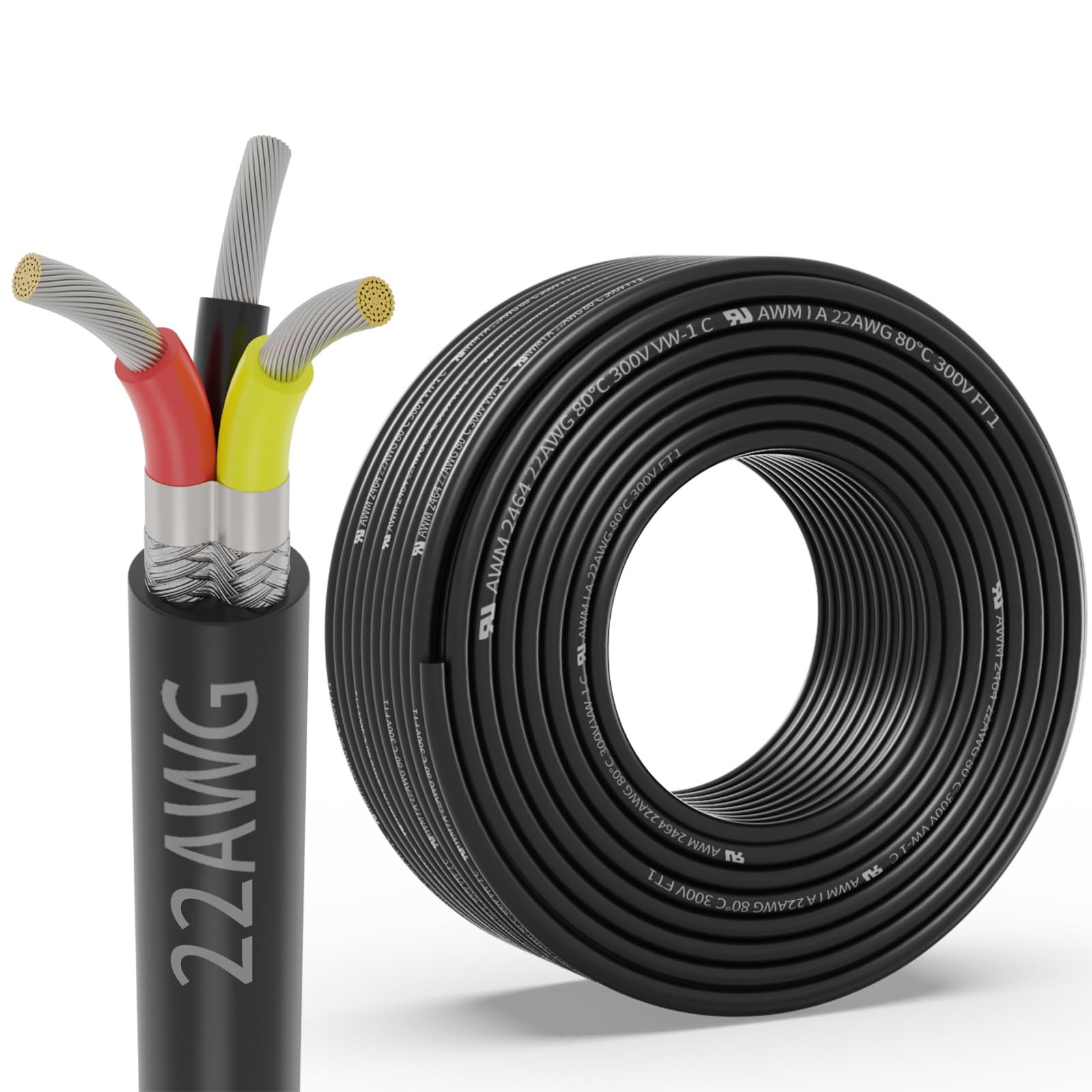 22 Gauge 3 Conductor Shielded Wire 25FT, UL2464 22 AWG 3 Core Black