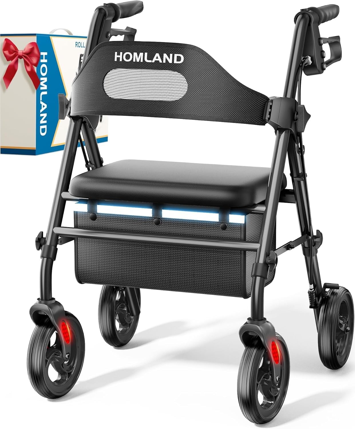 Lightweight Rollator Walker for Seniors, 8" Big Wheels, 350lb Cap, Foldable