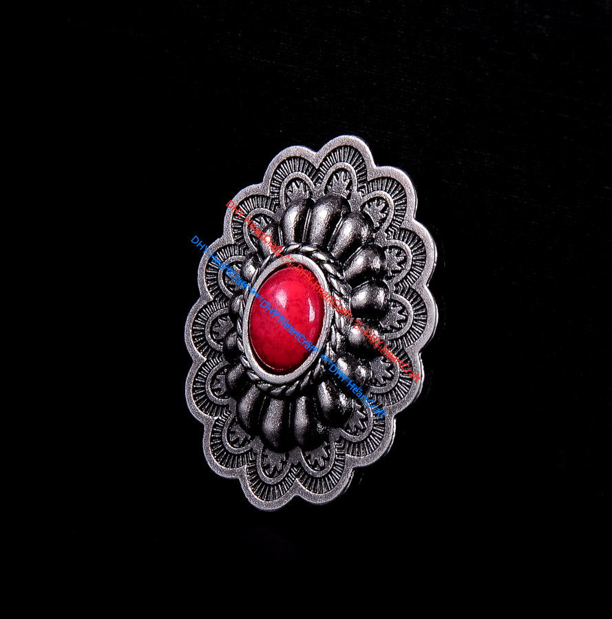 10PCS Western Oval Antique Brass Engraved Flower Turquoise LeatherCraft Conchos