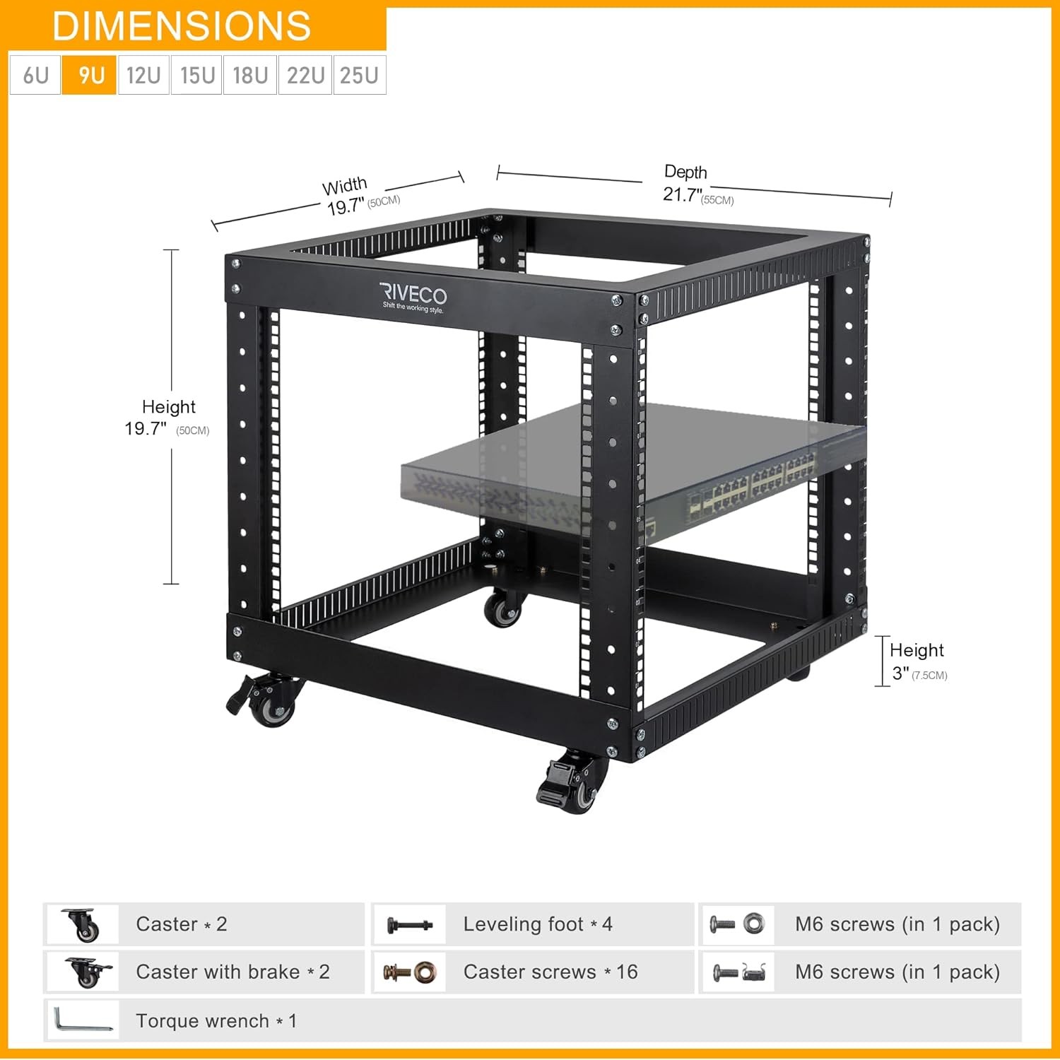 9U 19 Inch Server Rack Open Frame with Casters