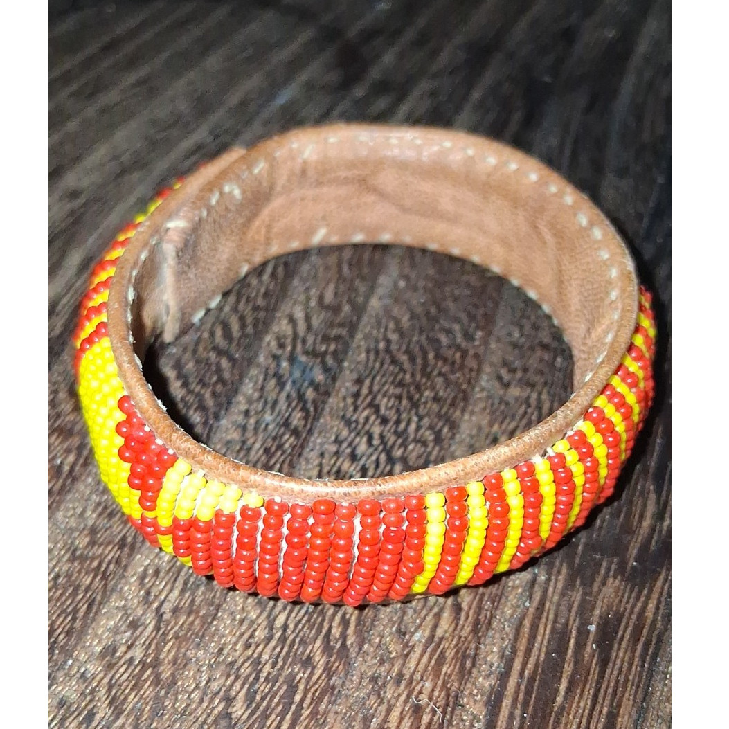 Ethnic Bohemian Beaded Painted Bangle Bracelet Set Red Yellow Orange Brown