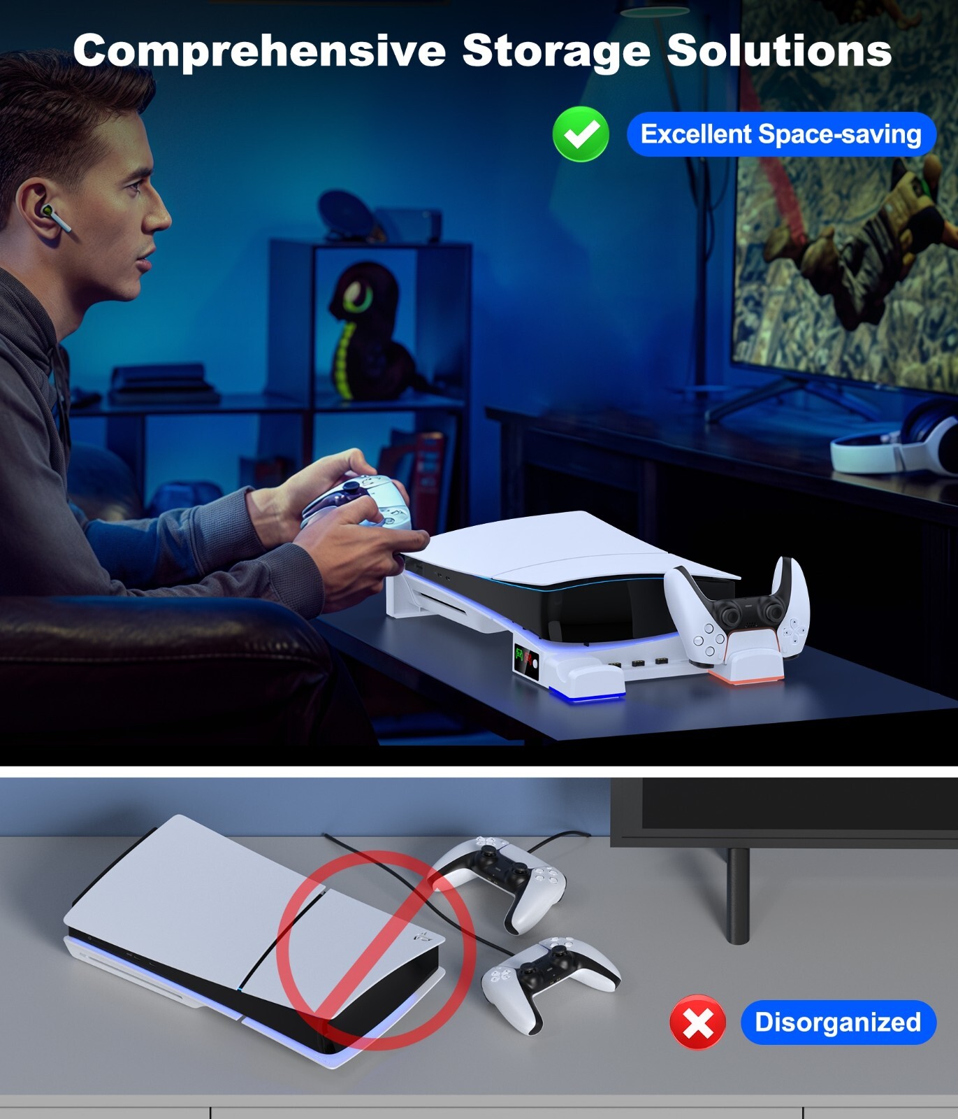 PS5 Pro Horizontal Stand for PS5 Pro/Slim Consoles,Dual Controller Fast Charging