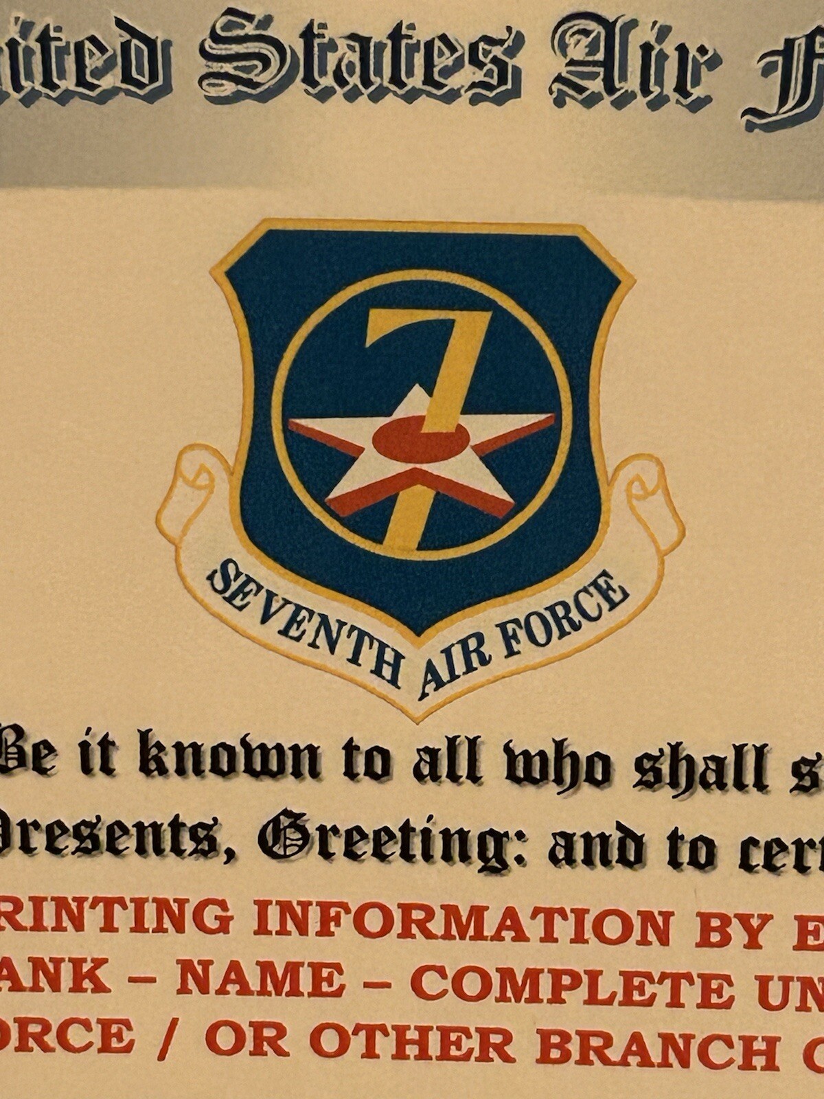 U.S. AIR FORCE / SEVENTH AIR FORCE - OUTSTANDING UNIT AWARD CERTIFICATE