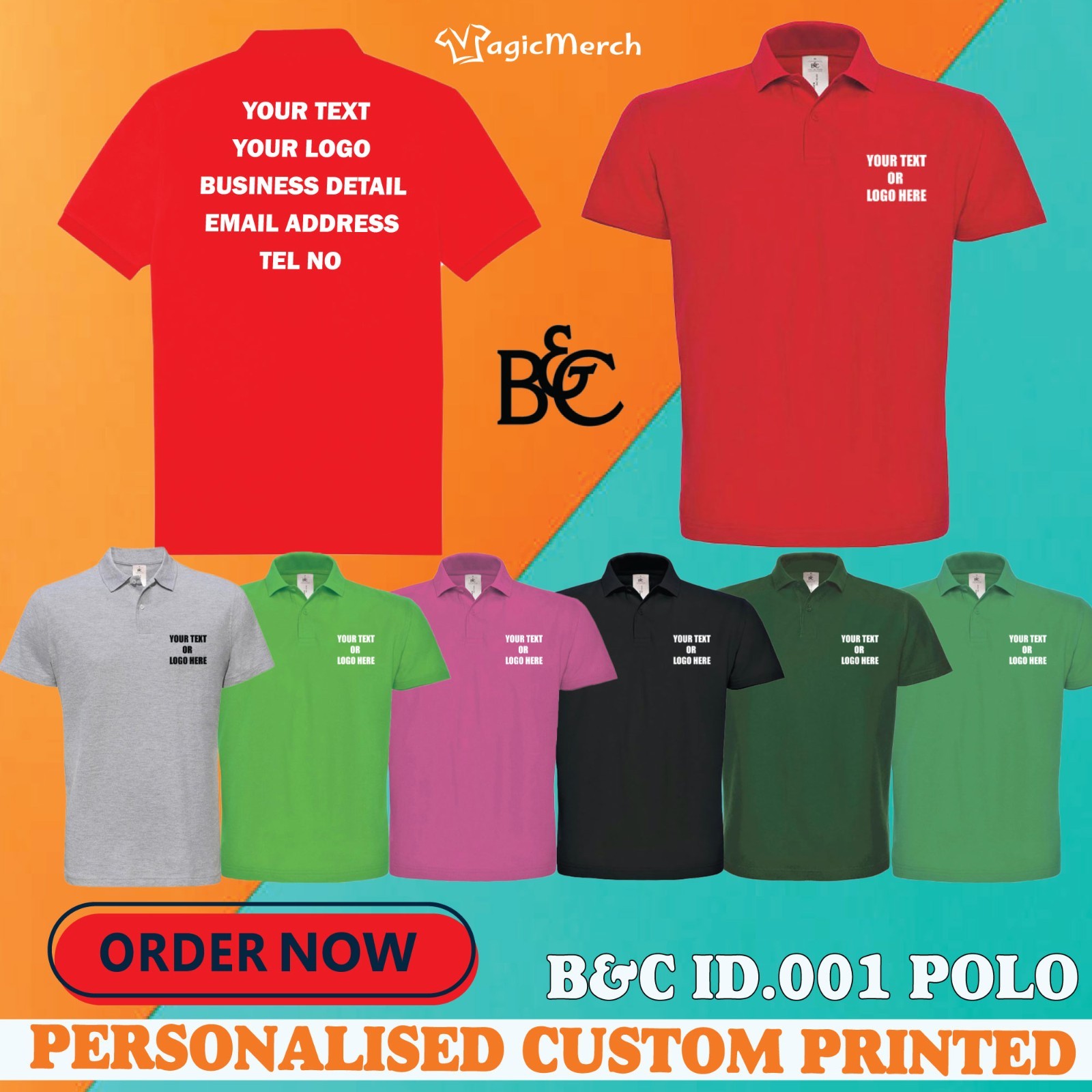 Personalised B&C Printed Polo Workwear Custom Text Logo Casual Gym Staff Tops