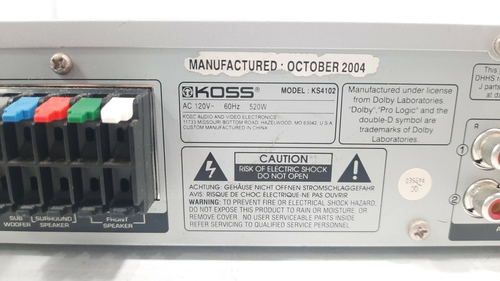 Koss KS4102/ 520 W/ Home Theater System Reciever only ●● TESTED ●●