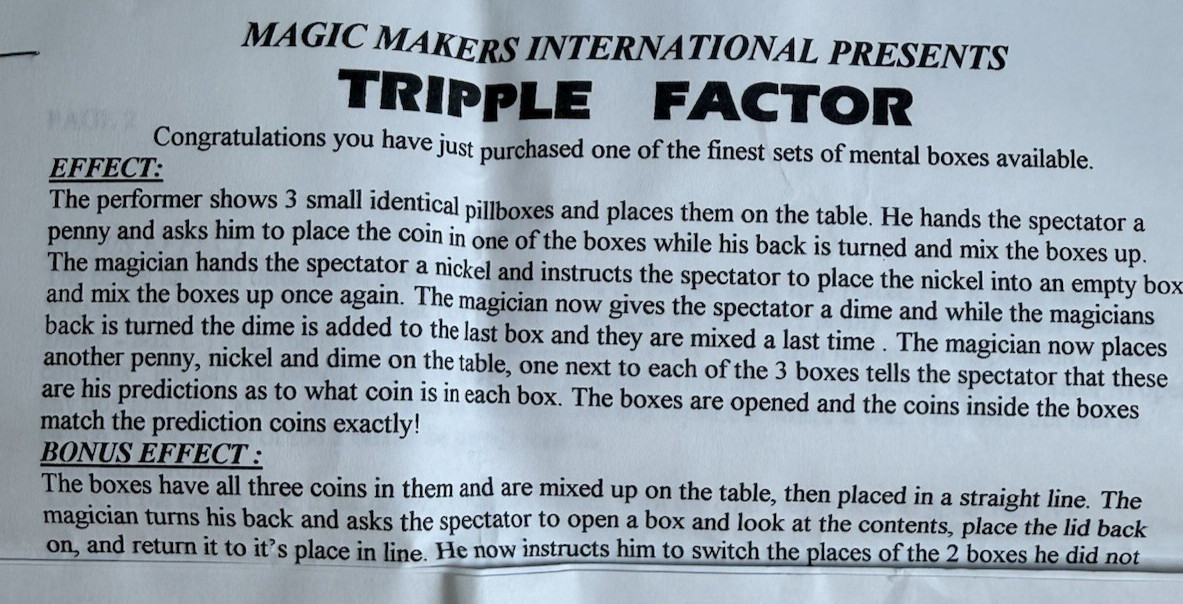 Magic Makers TRIPLE FACTOR Mentalism Effect Magic Trick, 3 Brass Boxes